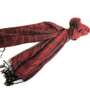 Dark Red and Black Animal Print Shawl with Fringe 72" x 27" Unisex